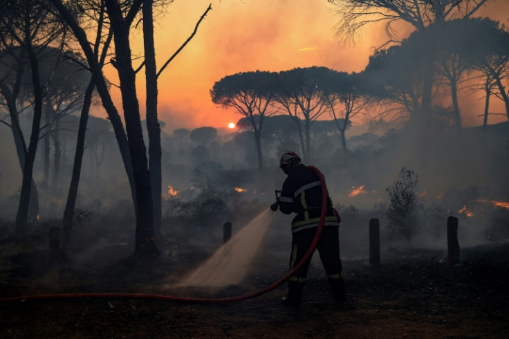 A French firefighter uses a water hose, as light from the setting sun is filtered through smoke during a forest wildfire, near Gonfaron, in the department of Var, southern France