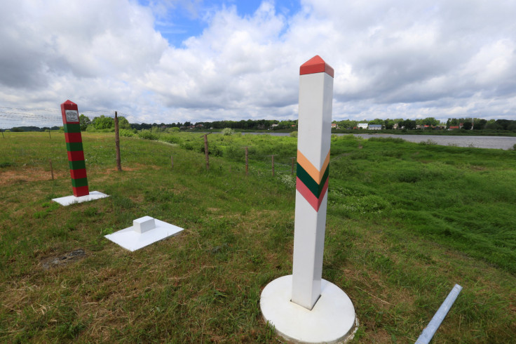 Lithuanian and Russian border signs are seen near Sudargas border crossing point with Russia in Ramoniskiai