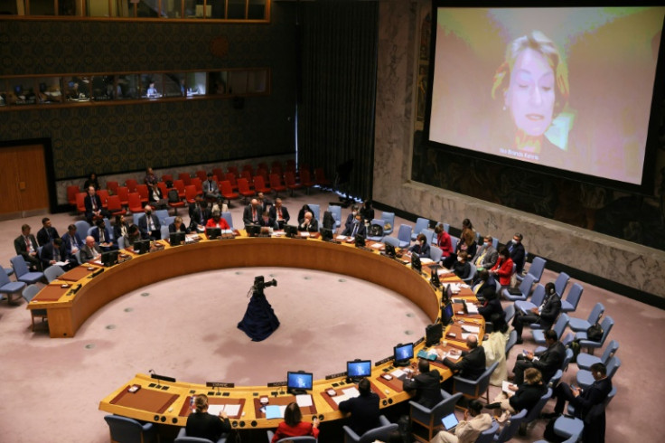 Ilze Brands Kehris, UN Assistant Secretary-General for Human Rights, speaks virtually during a UN Security Council on the  war in Ukraine and Russia's program of forced relocations of Ukrainian adults and children