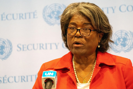 U.S. Ambassador to the U.N. Linda Thomas-Greenfield speaks at the U.N. media stakeout prior to the United Nations Security Council meeting, amid Russia's invasion of Ukraine, at the United Nations Headquarters