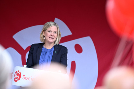 Swedish Prime Minister Magdalena Andersson holds an election rally at Celsiustorget at the Social Democrats campaign in Uppsala