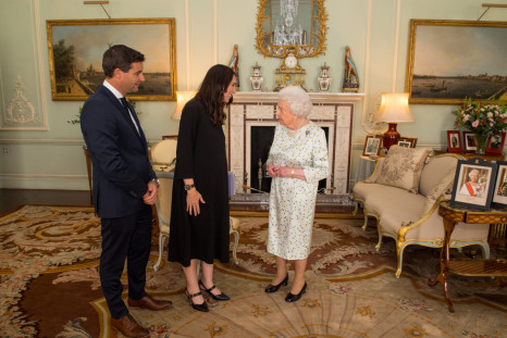 New Zealand's Prime Minister Jacinda Ardern and her partner Clarke Gayford are greeted by Britain's Queen Elizabeth during a private audience at Buckingham Palace, London