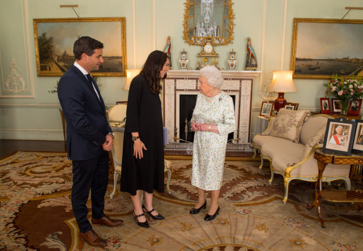 New Zealand's Prime Minister Jacinda Ardern and her partner Clarke Gayford are greeted by Britain's Queen Elizabeth during a private audience at Buckingham Palace, London