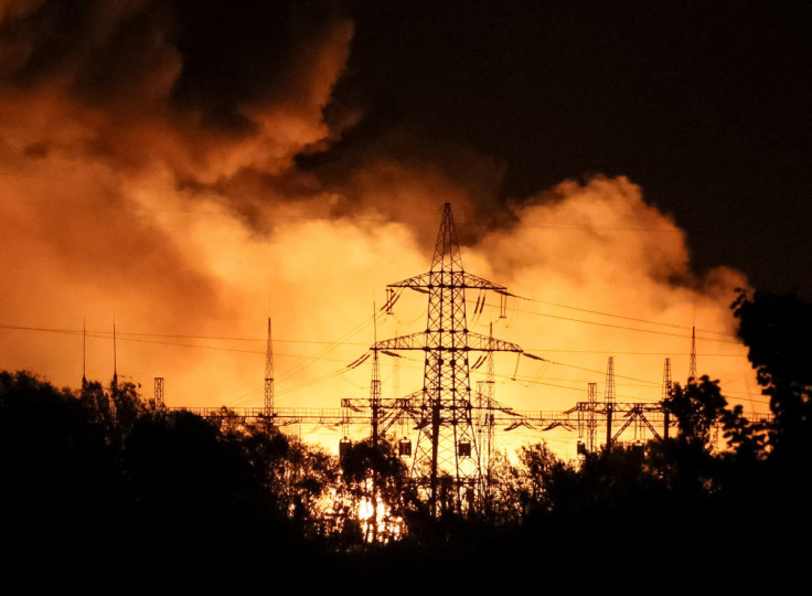 View shows a burning thermal power plant hit by a Russian missile strike in Kharkiv