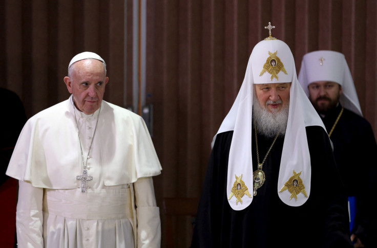 Pope Francis and Russian Orthodox Patriarch Kirill stand together after a 2016 meeting in Havana