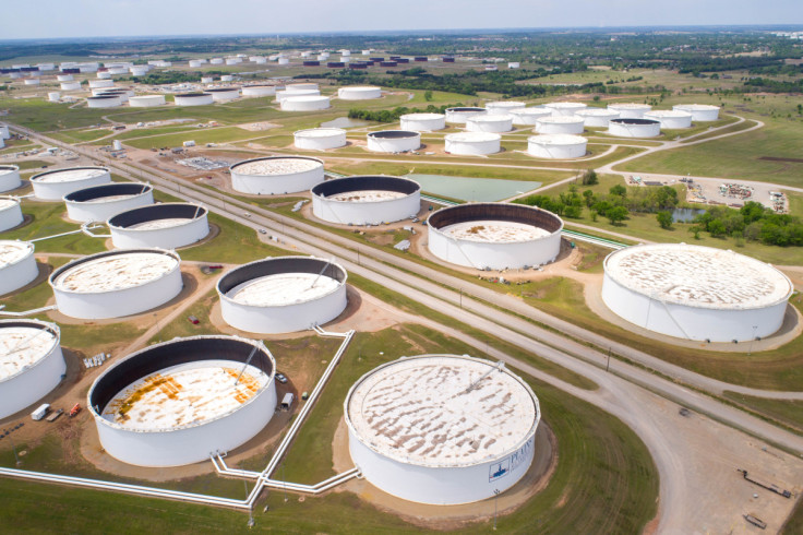 Crude oil storage tanks are seen in an aerial photograph at the Cushing oil hub