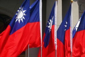 Taiwan flags flutter during a welcome ceremony in Taipei