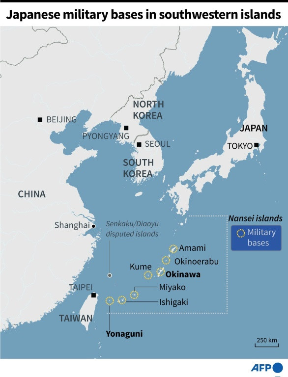 Map locating Japan's southwestern Nansei islands with the military bases.