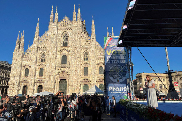 Giorgia Meloni, leader of the far-right Brothers of Italy party, attends a rally in Milan