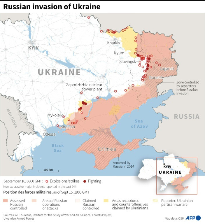 Map showing the situation in Ukraine, as of September 16 at 0800 GMT
