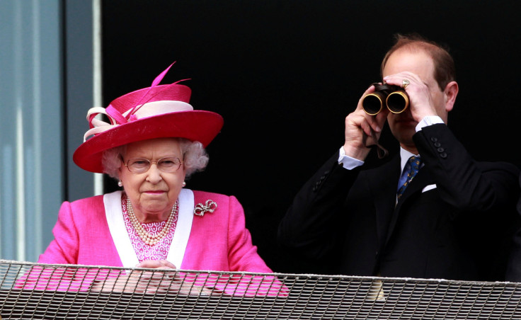 Britain's Queen Elizabeth and Prince Edward watch the winners enclosure after her horse lost in the Epsom Derby at Epsom Racecourse in southern England