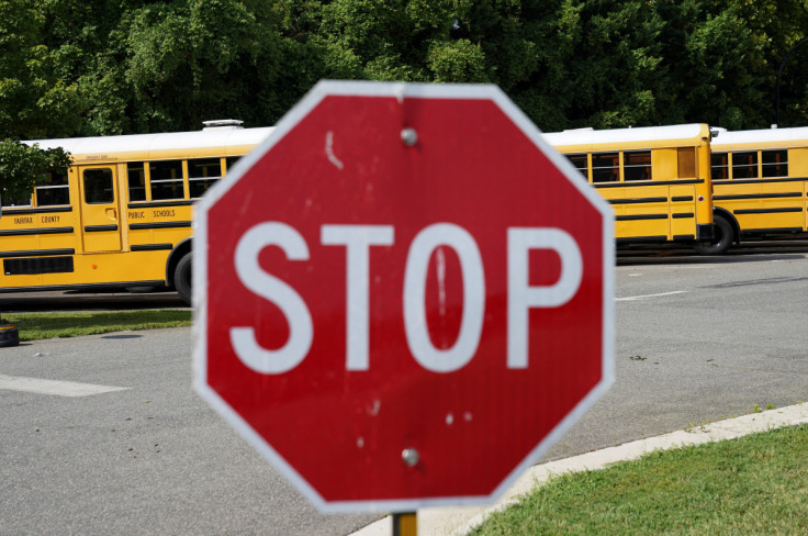 Fairfax County school buses at a depot in Virginia