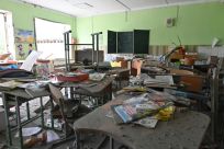 A heavily damaged school in the town of Verbivka in eastern Ukraine that was recently recaptured from Russia