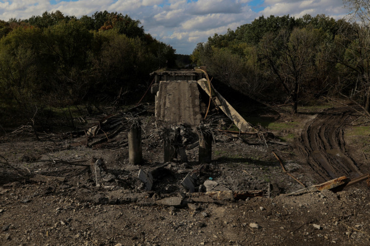 View shows a destroyed bridge over the Siverskyi Donets river near the town of Balakliia