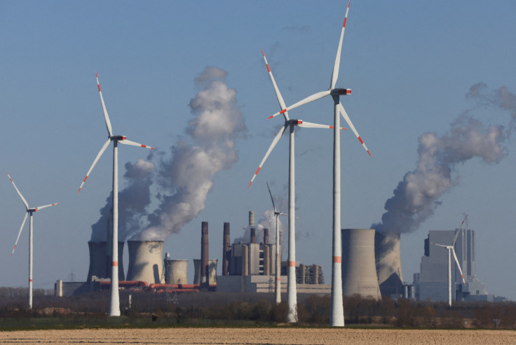Windmill power plants and brown coal fired power plants of RWE, one of Europe's biggest utilities in Neurath near Cologne