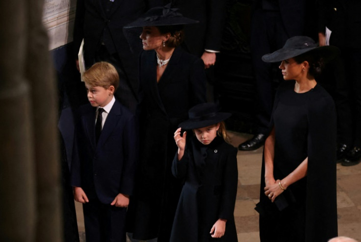 The brothers' wives Catherine (L) and Meghan (R) joined the procession at Westminster Abbey, with William and Kate's two eldest children, Prince George (L) and Princess Charlotte (R)