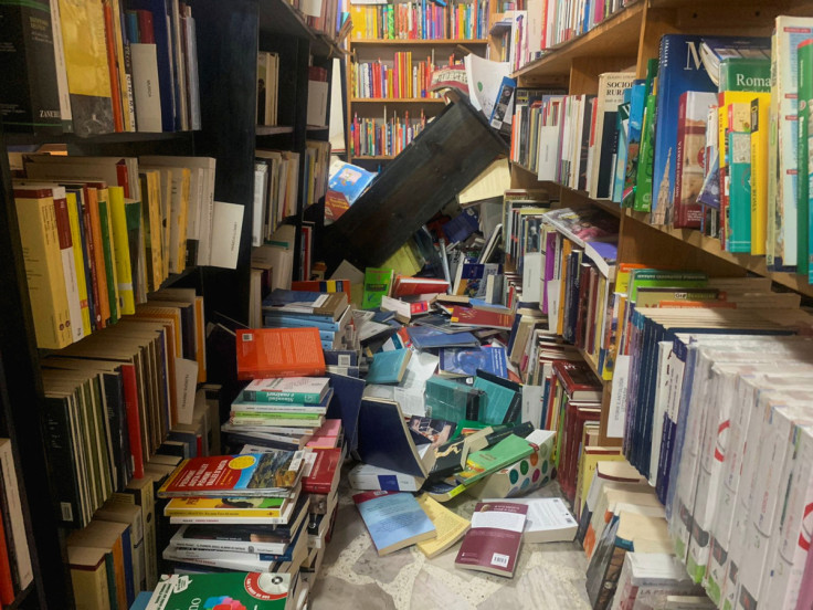 Books scattered on the floor of a bookstore after an earthquake, in Mexico City