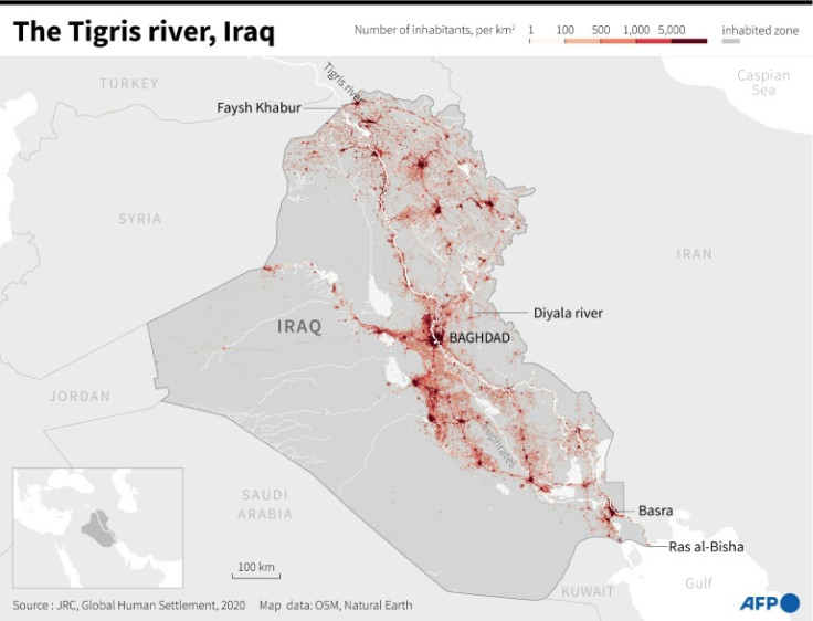 Map of Iraq showing the Tigris River and density of population