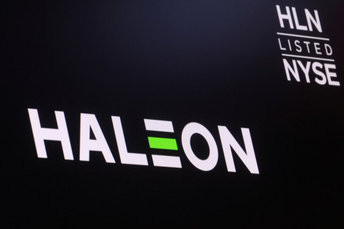 The company logo for Haleon and the trading info is displayed on a screen on the floor of the NYSE in New York