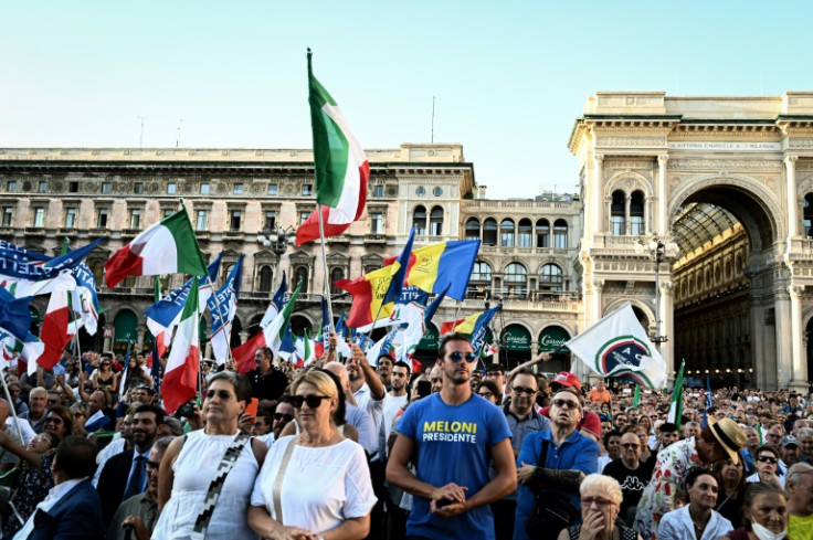 Supporters of Brothers of Italy at a rally in Milan -- Meloni has swept up disaffected voters and built a powerful personal brand