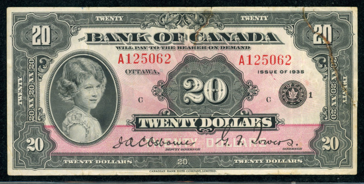 View of a Canadian $20 note from 1935, featuring a portrait 8-years-old Princess Elizabeth (later Queen Elizabeth), which will be auctioned later this month