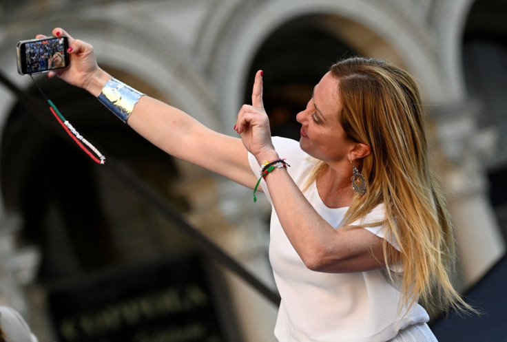Giorgia Meloni, leader of the far-right Brothers of Italy party, attends a rally in Milan