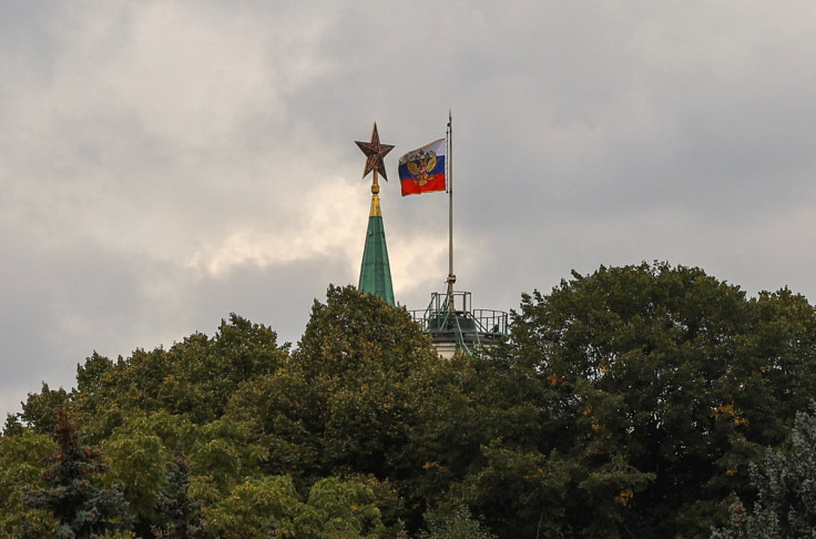 A Russian state flag flies in central Moscow