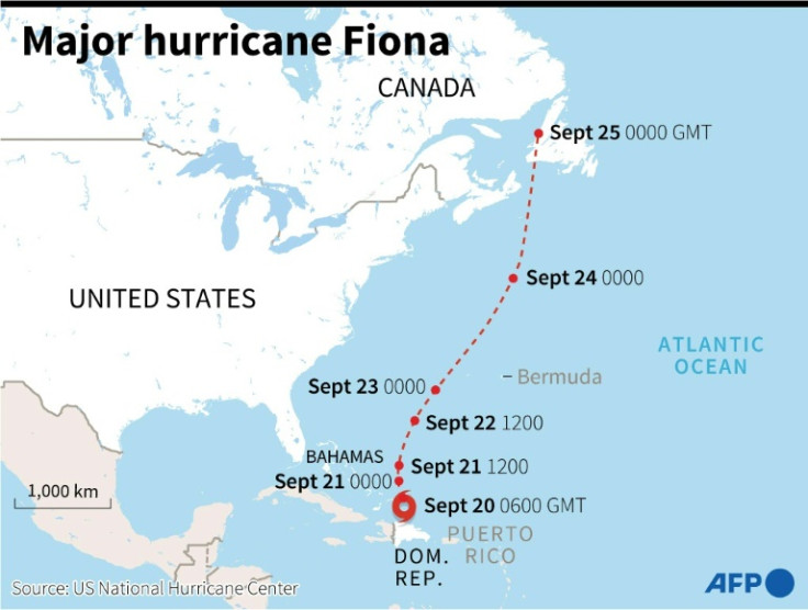 Map showing the projected path of Hurricane Fiona