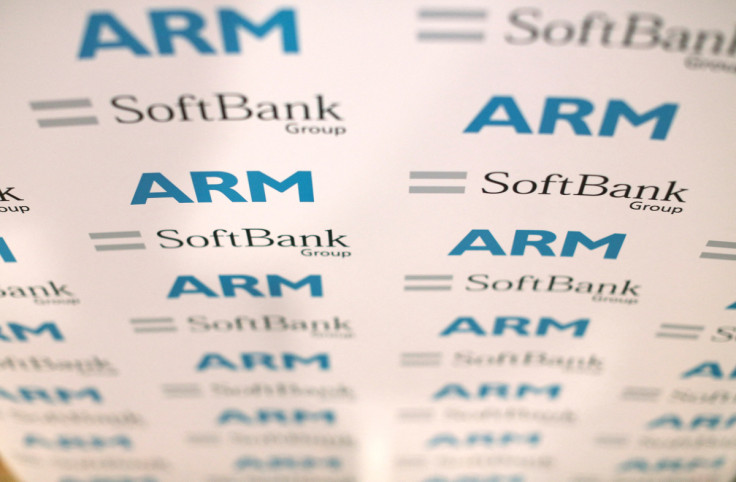 An ARM and SoftBank Group branded board is displayed at a news conference in London