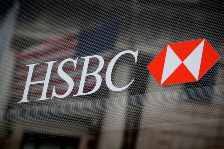 The HSBC logo is seen on a bank branch in New York's financial district