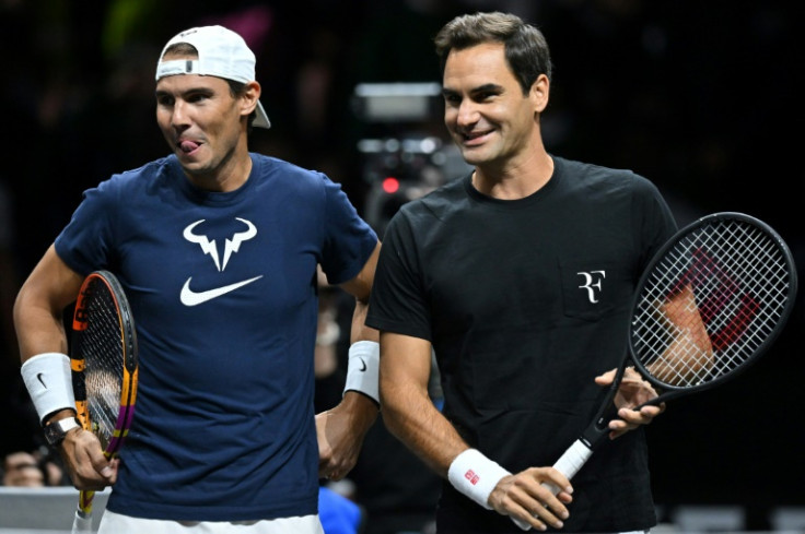 Roger Federer (right) and Rafael Nadal attend a practice session ahead of the 2022 Laver Cup in London