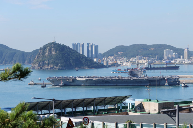 U.S. Navy aircraft carrier USS Ronald Reagan is anchored at a port in Busan