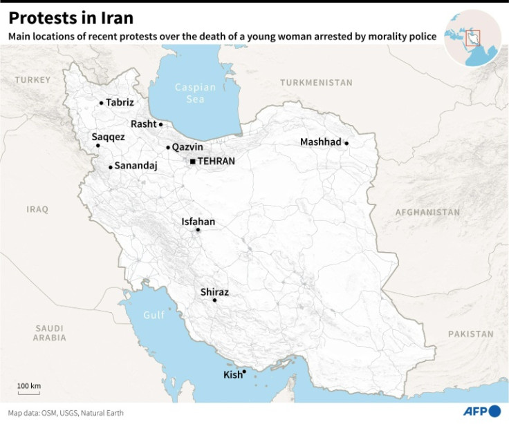 Map of Iran showing main locations of recent protests over the death of a young woman arrested by morality police.