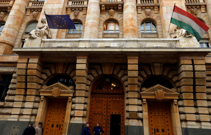 A view of the entrance to the National Bank of Hungary building in Budapest