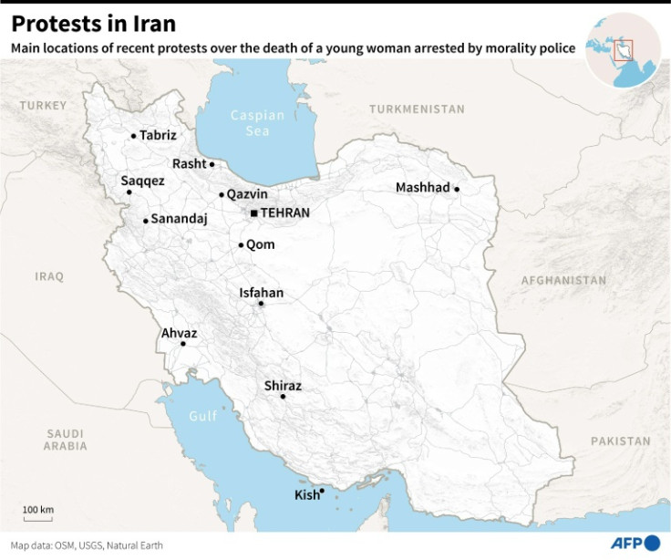 Map of Iran showing main locations of recent protests over the death of a young woman arrested by morality police