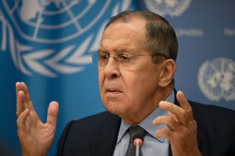 Russian Foreign Minister Sergei Lavrov speaks to reporters after a UN General Assembly address in which he heaped scorn on the West and accused the United States and its allies of seeking to 'destroy' Russia