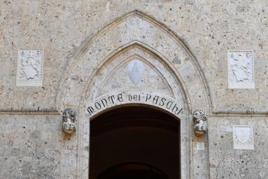 View of the entrance to the headquarters of Monte dei Paschi di Siena (MPS), in Siena