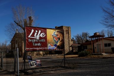 A pro-life banner sits outside a church in Shiprock, New Mexico
