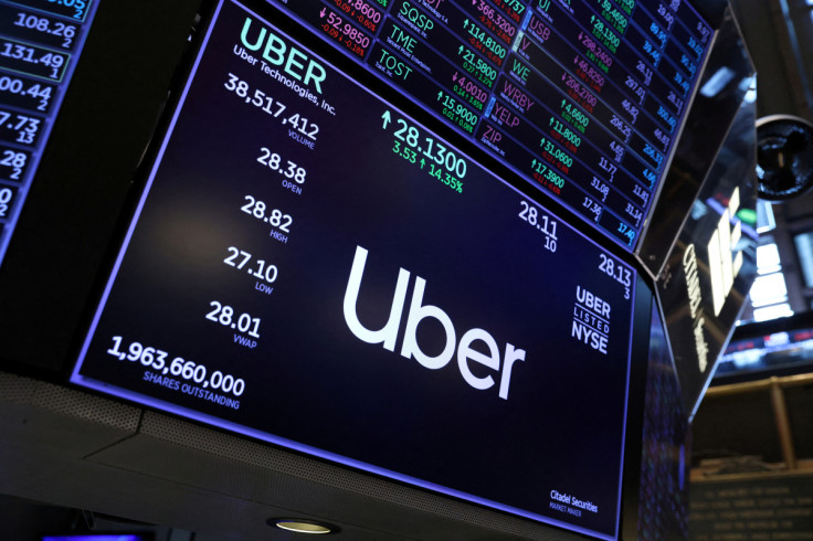 The Uber logo is seen on the trading floor at the New York Stock Exchange (NYSE) in Manhattan, New York City