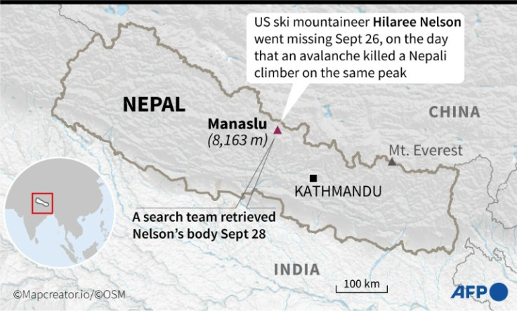 Map of Nepal locating Mt. Manaslu where the body of missing US ski mountaineer Hilaree Nelson was retrieved on September 28