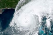 This handout satellite image courtesy of the US Regional and Mesoscale Meteorology Branch (RAMMB)  shows the eye of Hurricane Ian making landfall near Cayo Costa, Florida