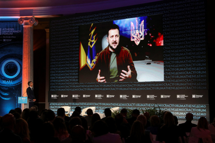 Ukrainian President Volodymyr Zelenskiy speaks during the Athens Democracy Forum