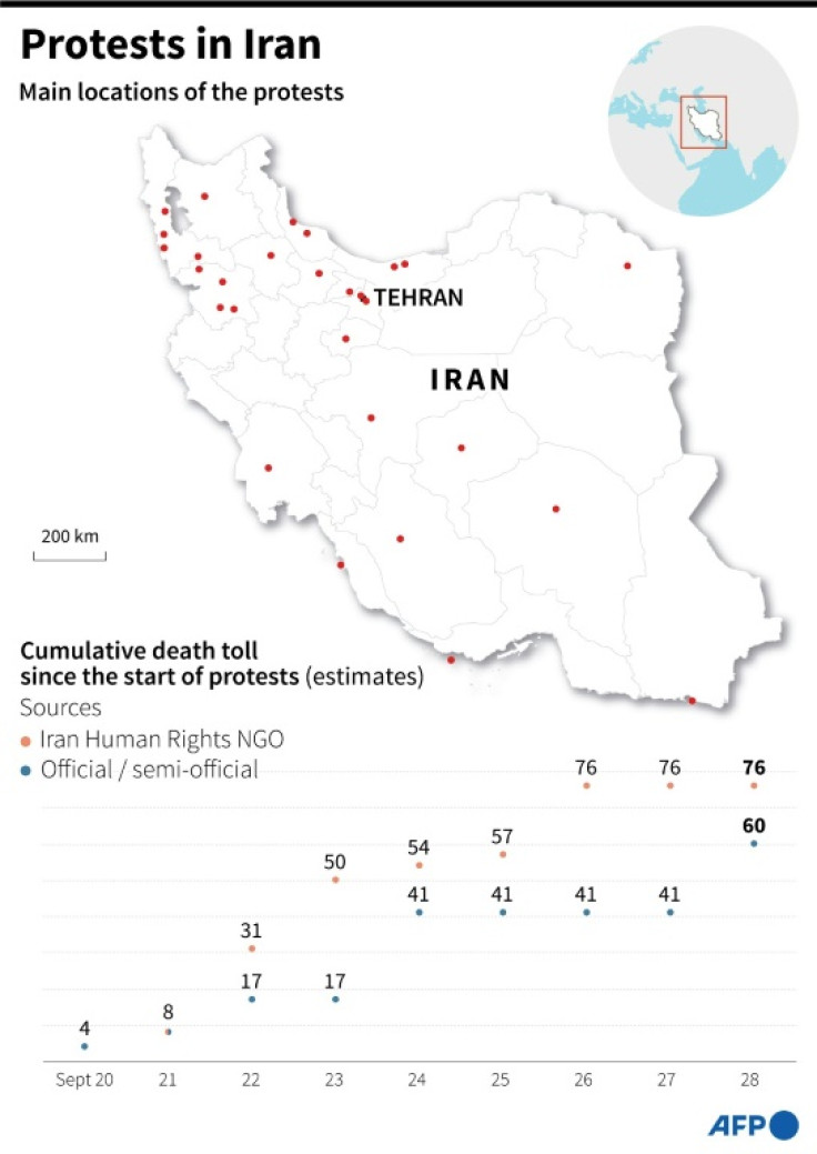 Map of Iran showing main locations of recent protests