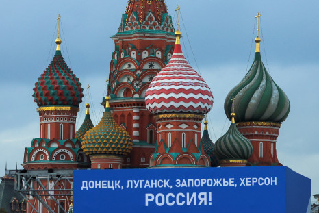 Banners set up ahead of a ceremony proclaiming Russia's annexation of four Ukrainian regions