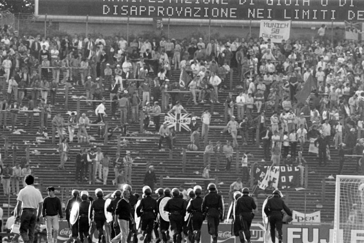 Belgium police face British fans at Brussels' Heysel stadium, 1985