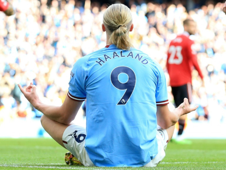 Erling Haaland (centre) has scored three hat-tricks in eight Premier League appearances