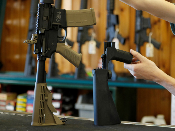 A bump fire stock that attaches to a semi-automatic rifle to increase the firing rate is seen at Good Guys Gun Shop in Orem