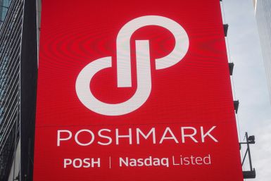 A screen displays the company logo for Poshmark Inc. during the company's IPO at the Nasdaq Market Site in Times Square in New York