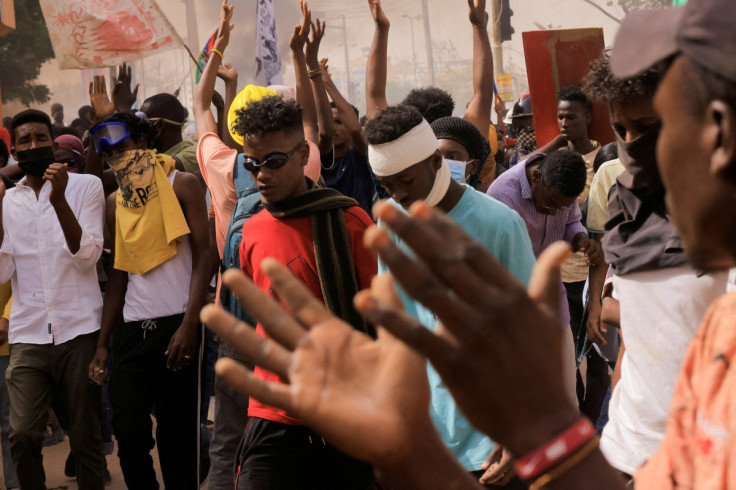 Protesters march during a rally against military rule, in Khartoum