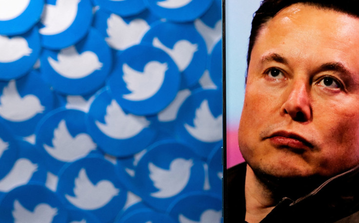 Illustration shows Elon Musk image on smartphone and printed Twitter logos